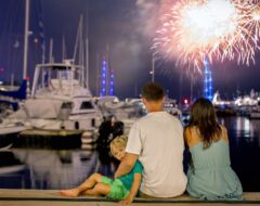 Happy,Family,With,Child,,Watching,Fireworks,On,A,Port,,Sitting